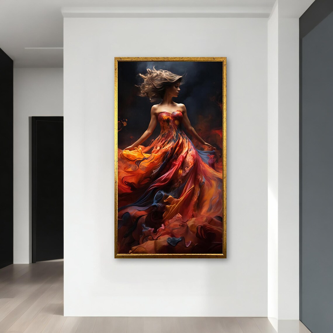 Dramatic Woman In Fiery Flowing Gown Abstract Fiery Dress Painting Poster - Image 4