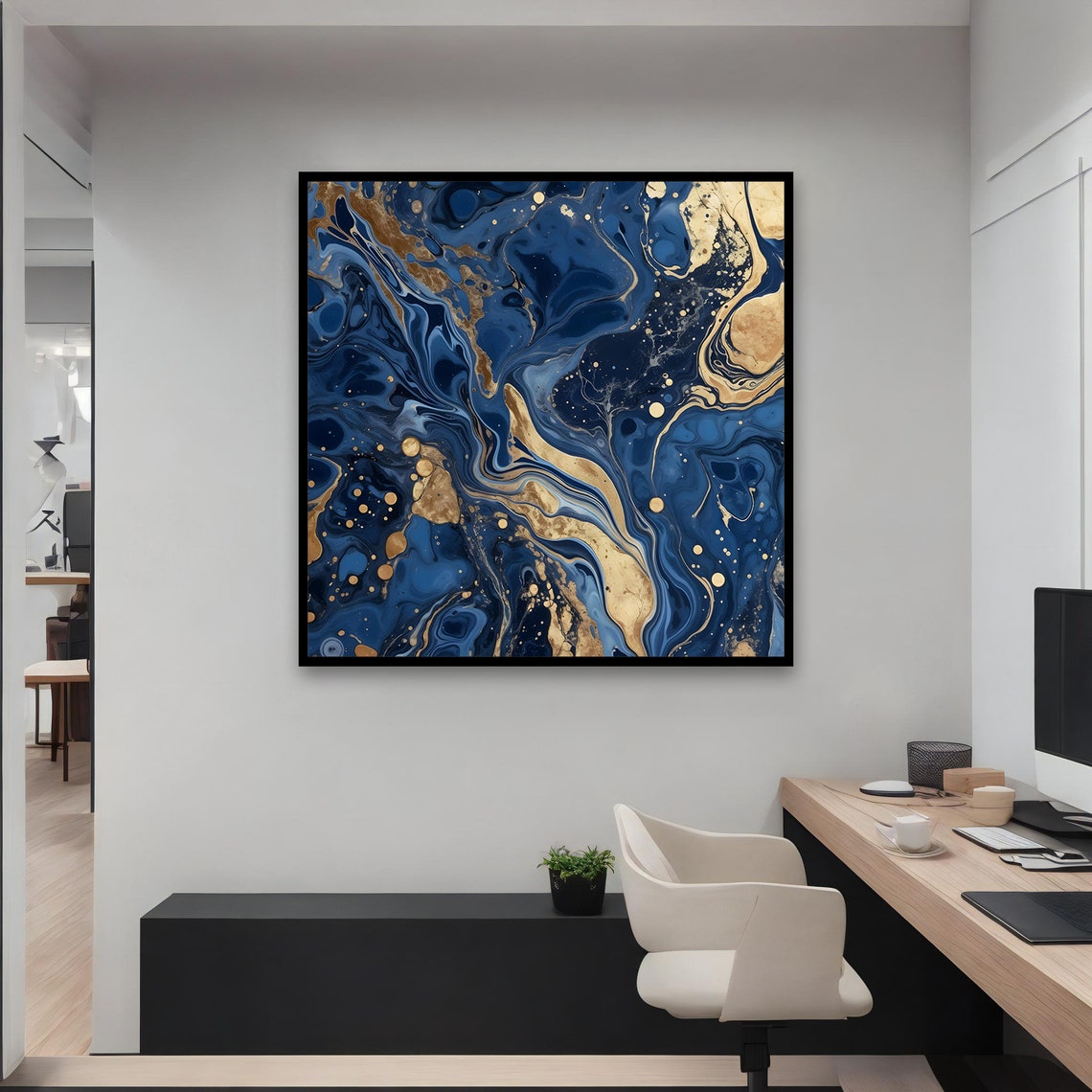 Navy Blue Gold Abstract Marble Fluid Luxurious Modern Art Print - Image 4