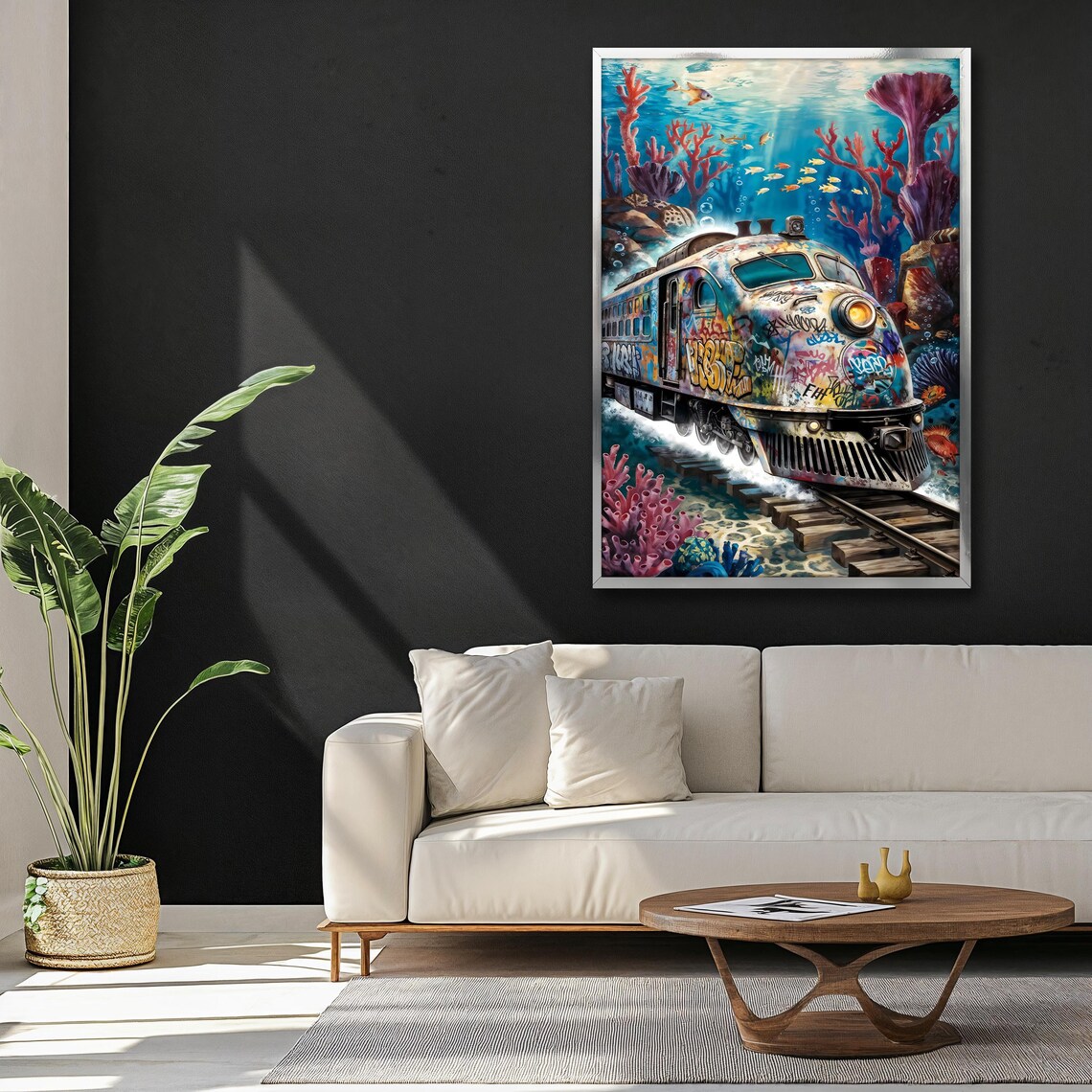 Vibrant Underwater Graffiti Train Art Surreal Ocean Art With Coral And Fish Graffiti Train Wall Art Unique Wall Decor Gift Idea - Image 3