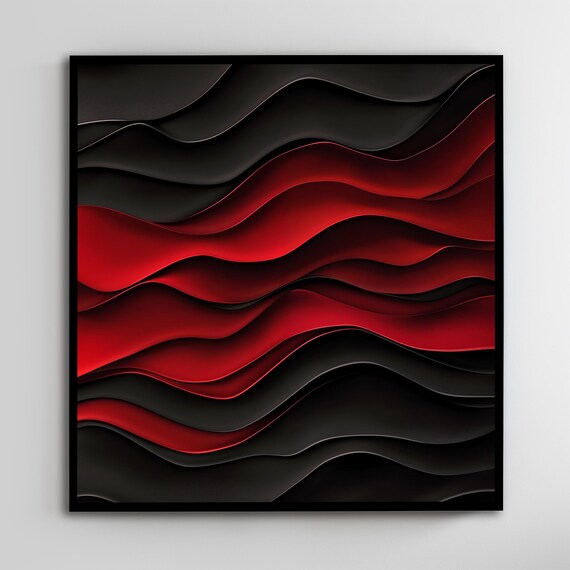 Modern Abstract Red And Black Waves Art Framed Wall Decor Red And Black Waves Art Luxury Decor Ready To Hang Unique Gift