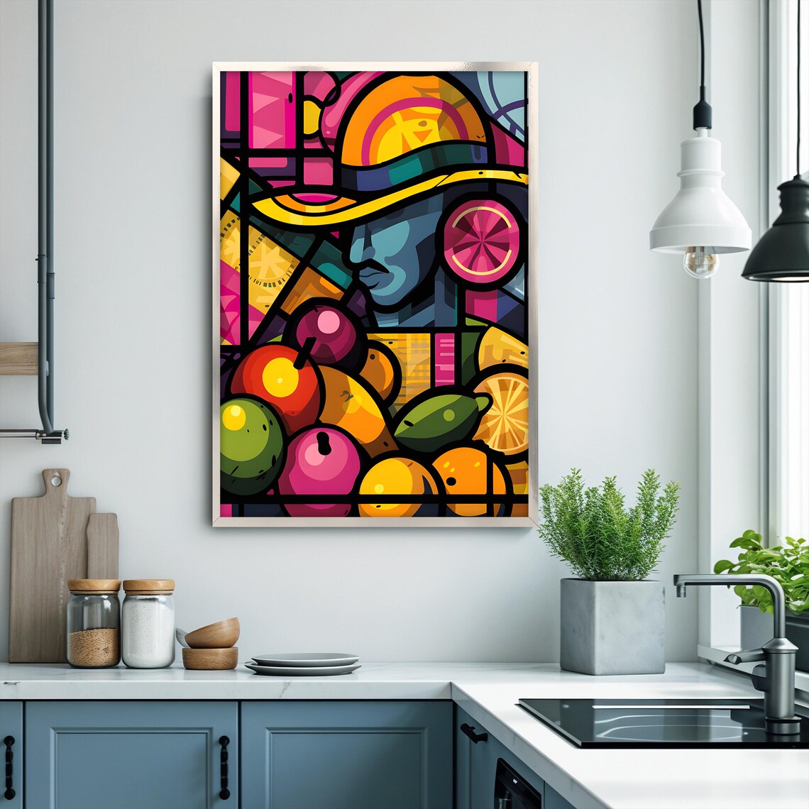 Vibrant Abstract Fruit And Figure Art Colorful Modern Wall Decor Ready To Hang Stained Glass Style Artwork Gift Idea - Image 3