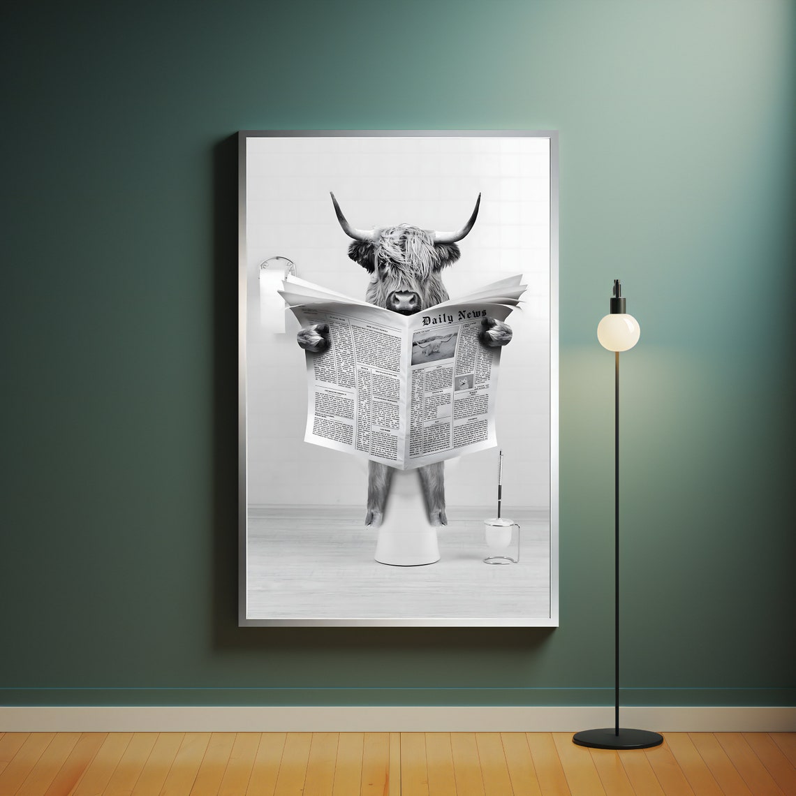 Highland Cow Reading Newspaper Funny Bathroom Wall Art Poster - Image 4