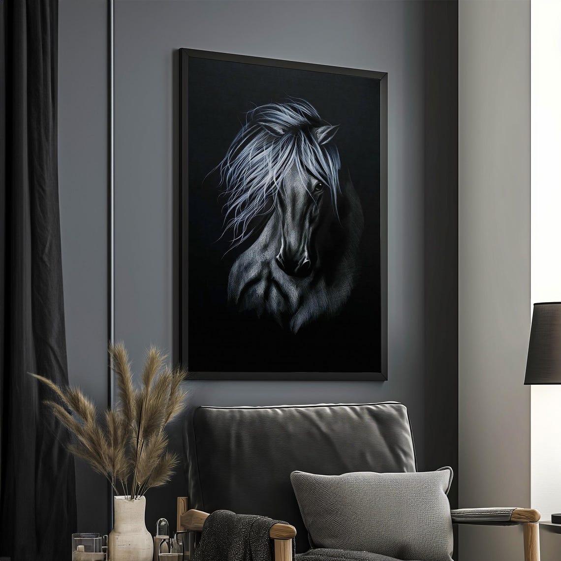 Black Horse With Silver Flowing Mane Dark Dramatic Equine Art Poster