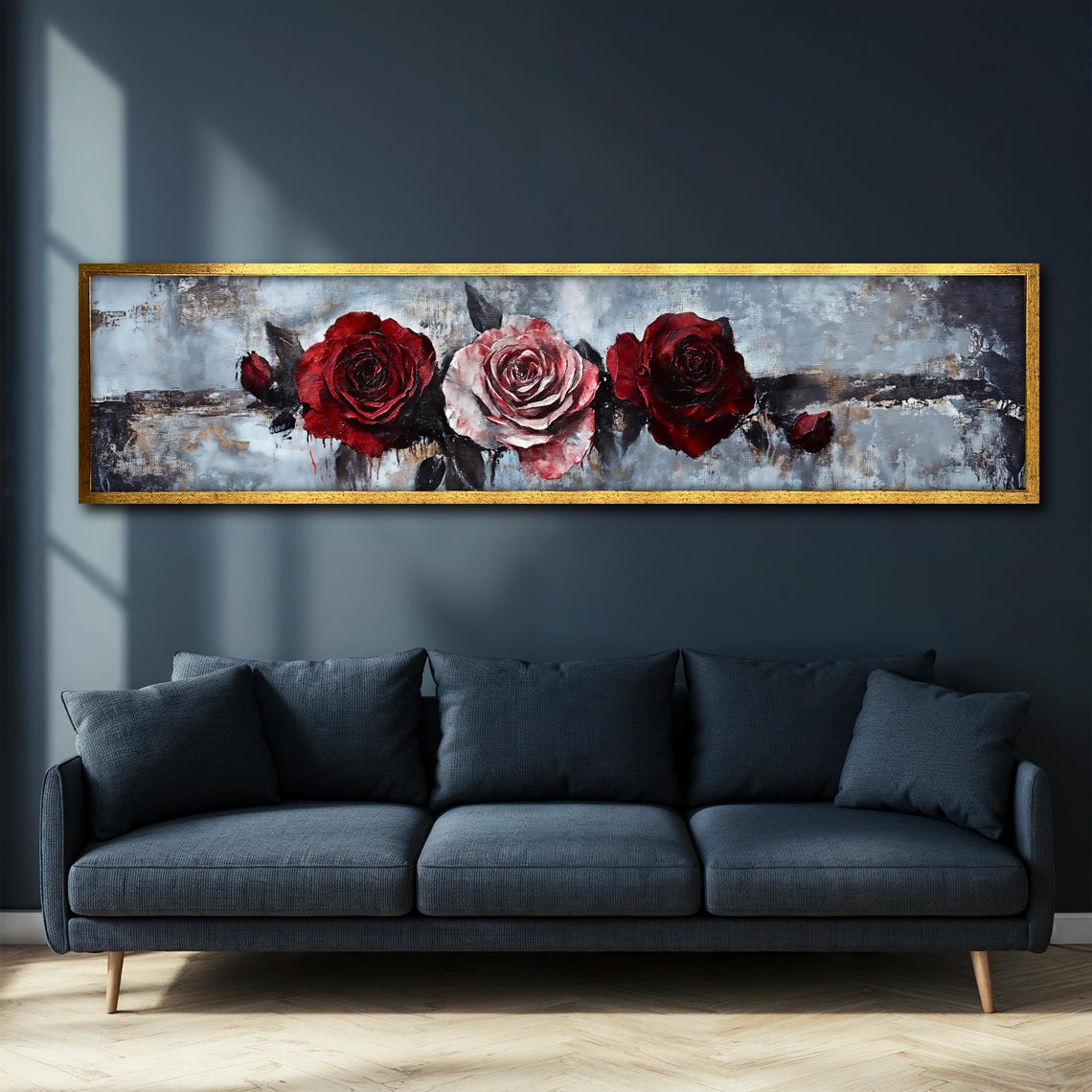 Red Pink Roses on Textured Gray Rustic Panoramic Floral Art Poster