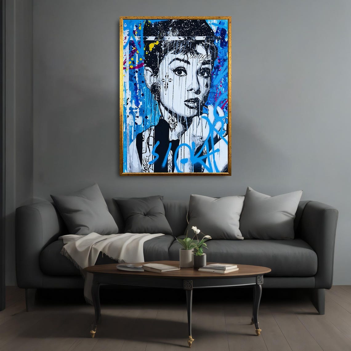 Audrey Hepburn Graffiti Street Art Blue Urban Portrait Wall Art - Image 3