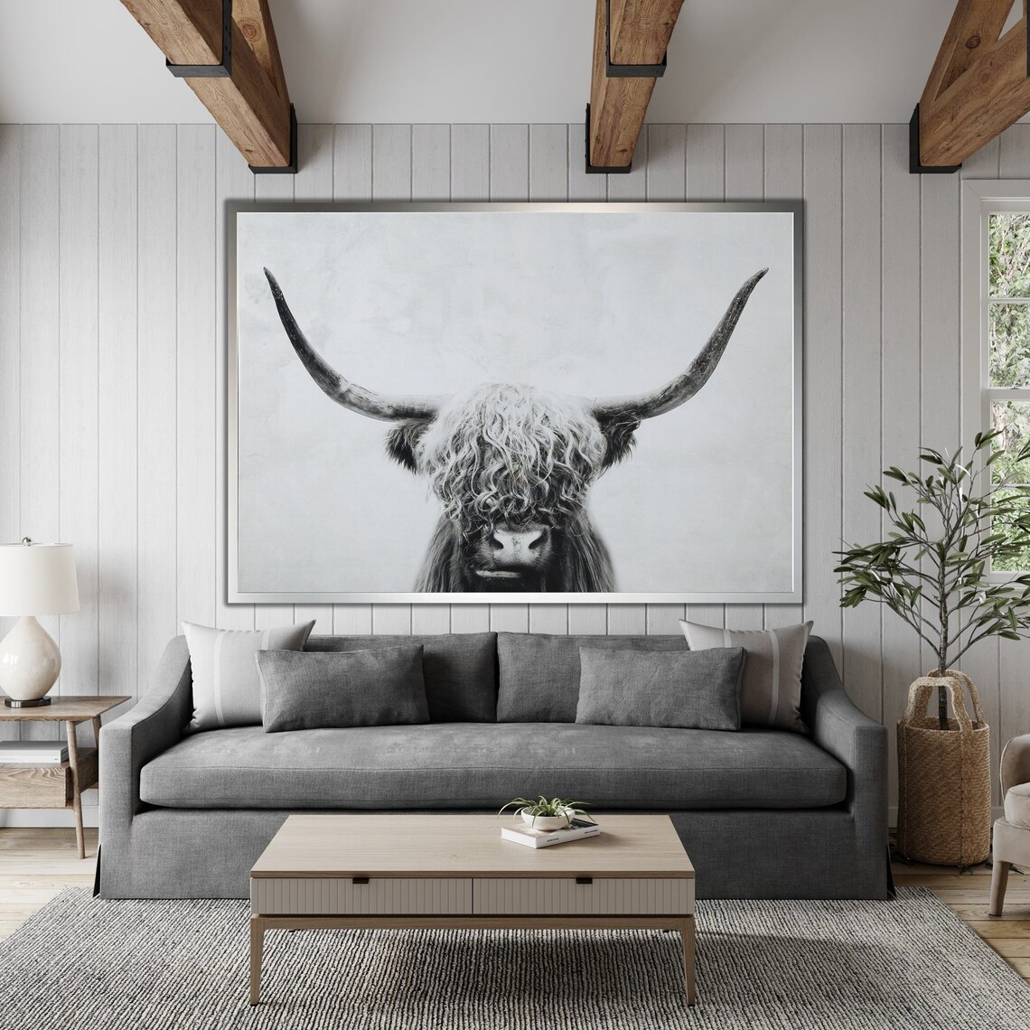 Highland Cow Black And White Shaggy Longhorn Minimalist Farm Poster - Image 4