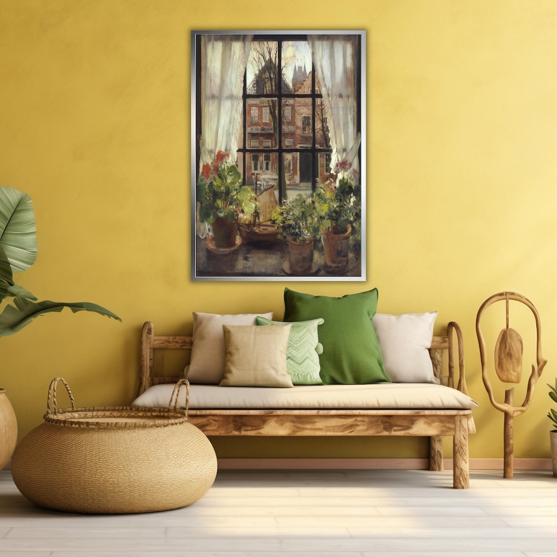 Window Sill Potted Plants View On Old Brick Street Vintage Art Poster - Image 4