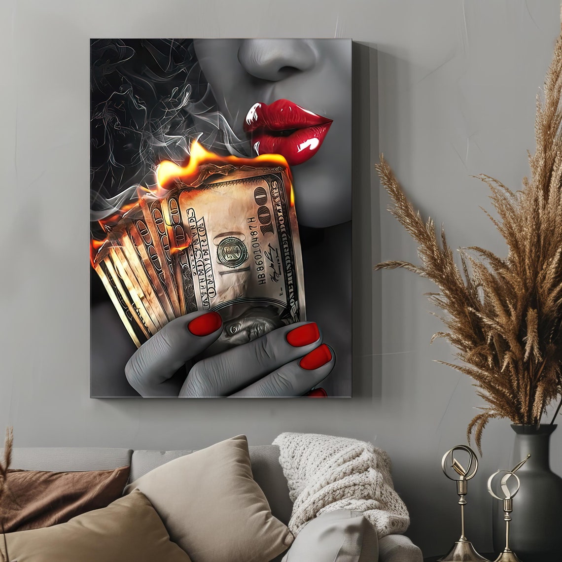 Stylish Print Artwork Room Decor Red Lipstick Burning Moneys Black And White Luxury Home Decor Piece Gift Idea - Image 4