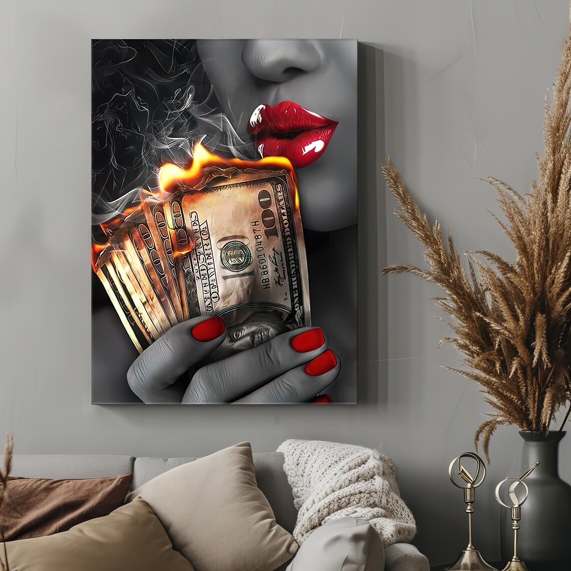 Woman With Red Lips Kissing Burning Money Luxury Pop Art Wall Poster - Image 4