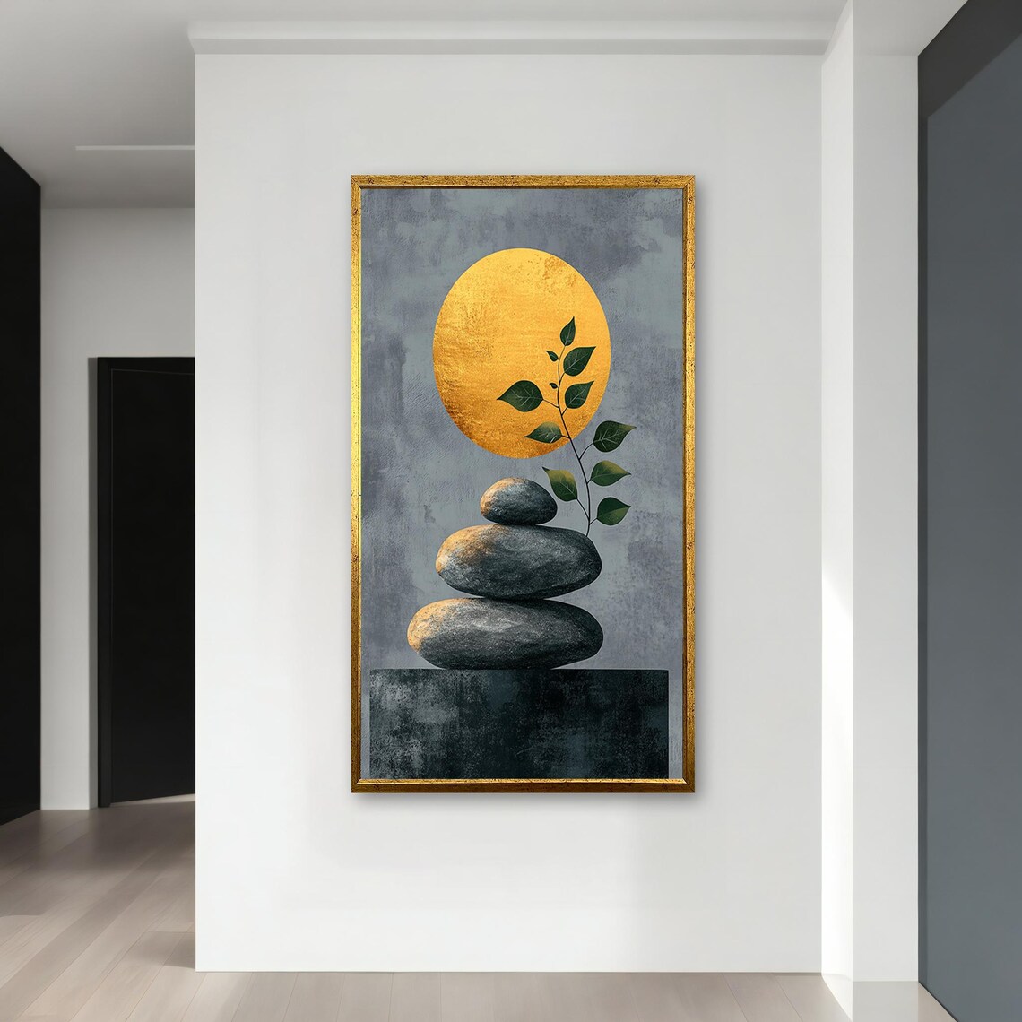 Stacked Zen Stones Gold Sun Circle Leaf Branch Minimalist Modern Nature Poster - Image 4