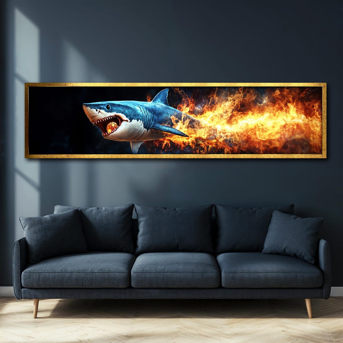 Fire Breathing Shark Flames Panoramic Action Animal Art Poster