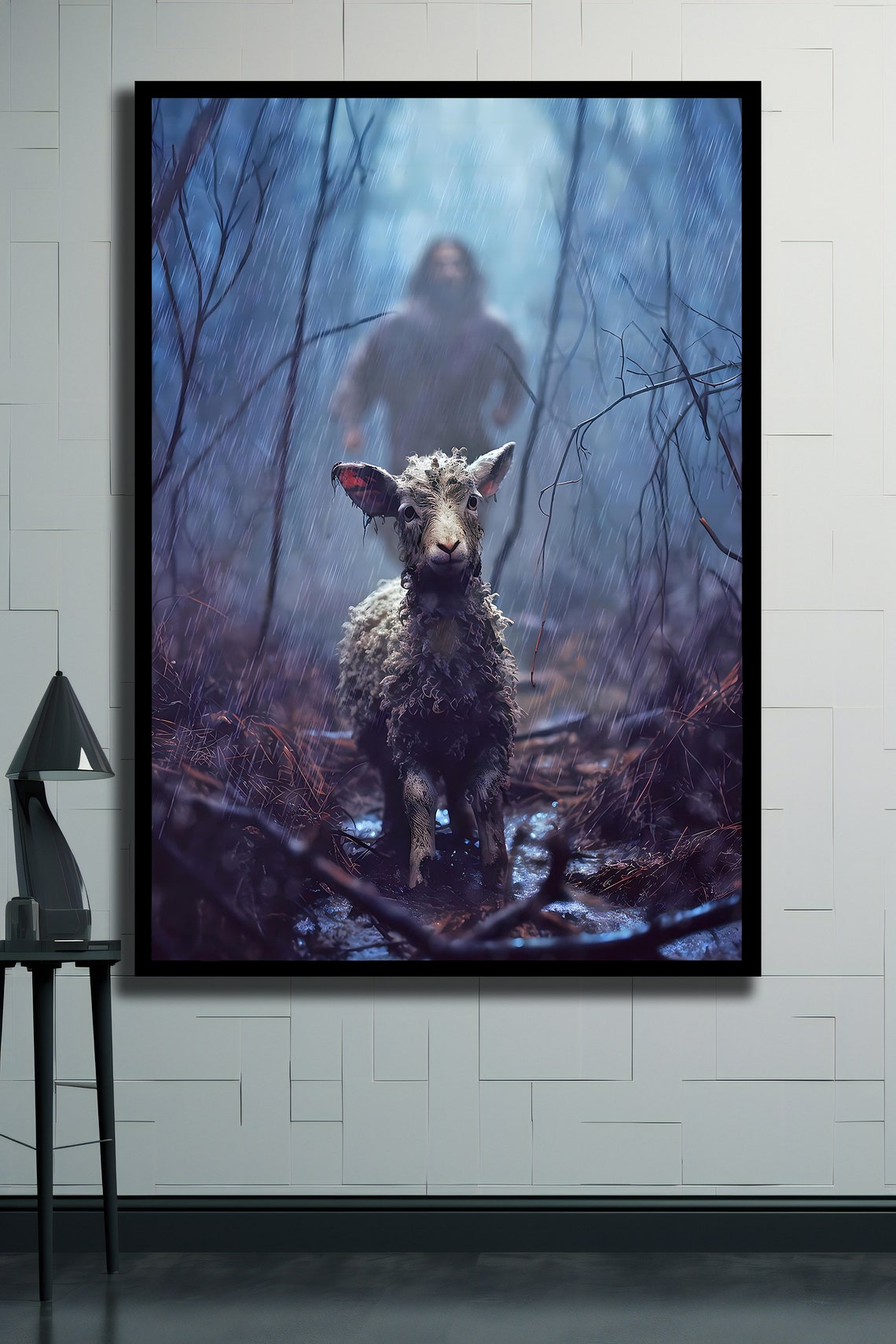 Lost Lamb In Rainy Forest Shepherd Searching Christian Art Poster - Image 2