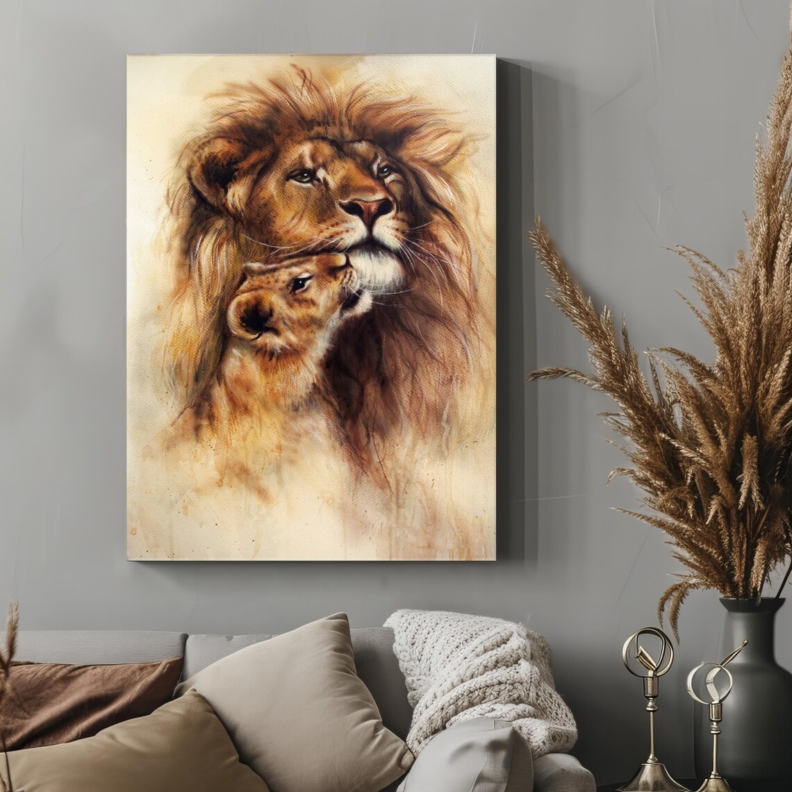Lion Nuzzling Cub Tender Watercolor Family Wildlife Portrait Poster - Image 4