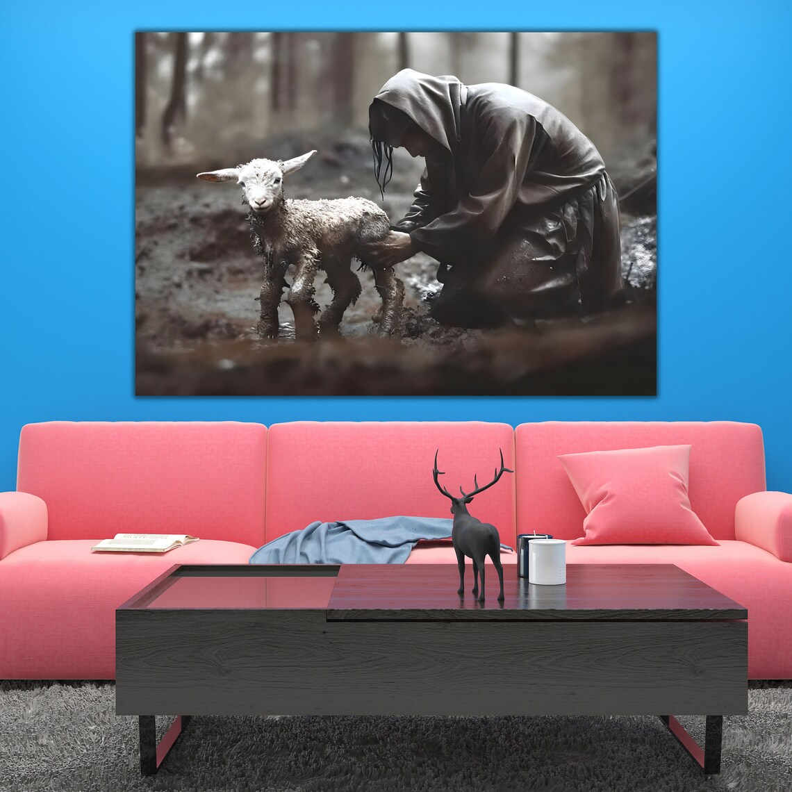 Jesus Cleansing The Muddy Lamb Hooded Figure Moody Christian Art Poster - Image 2