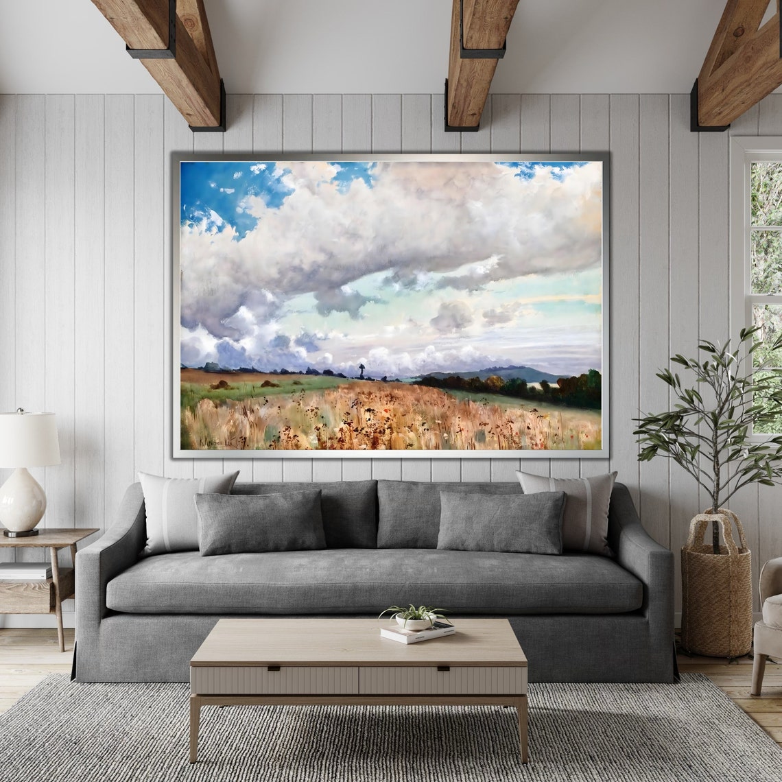 Golden Meadow Dramatic Clouds Impressionist Field Landscape Art Poster - Image 4