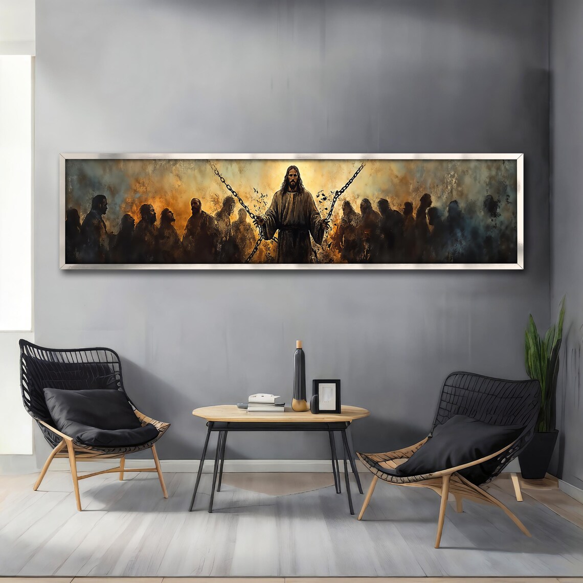 Jesus Breaking Chains Golden Light Panoramic Religious Redemption Poster - Image 4