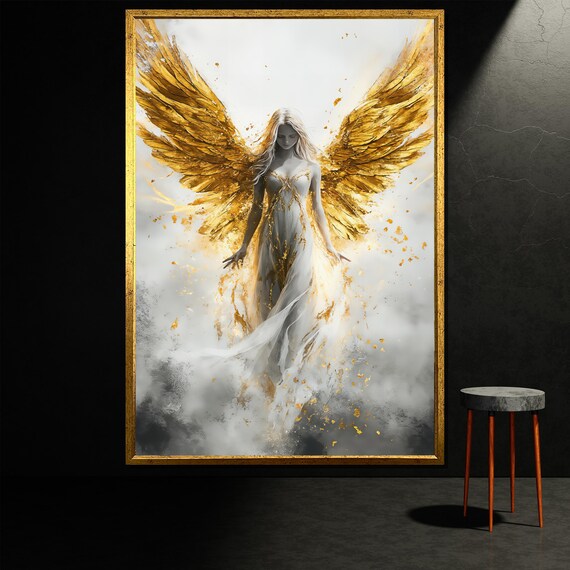 Golden Angel Painting Guardian Angel Wall Art Gold Wings Angel Artwork Luxury Angelic Decor Spiritual Gift For Home