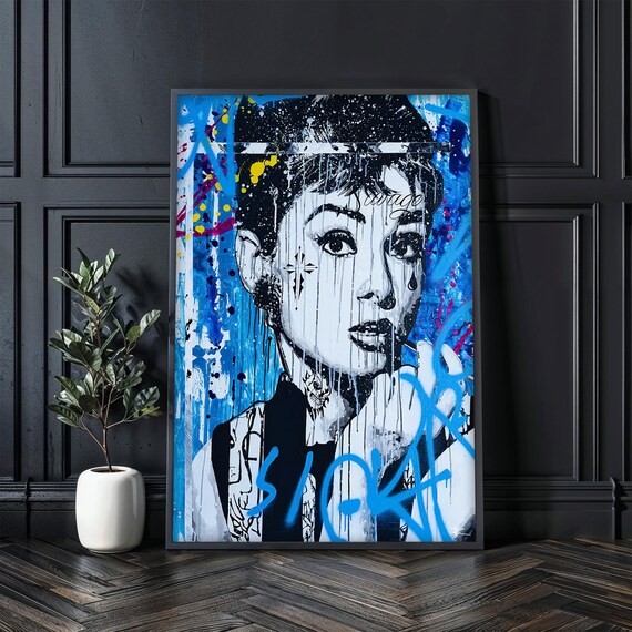Audrey Hepburn Street Art Print Pop Art Wall Decor Ready To Hang Modern Blue Graffiti Painting Luxury Gift