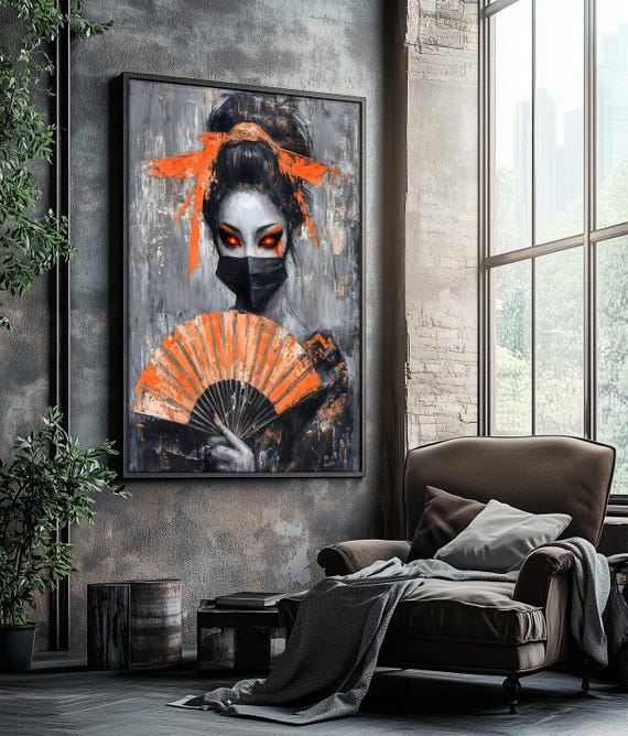 Geisha Inspired Abstract Art Dark Masked Beauty Wall Decor Japanese Modern Painting Gothic Orange Fan Artwork Gift Idea