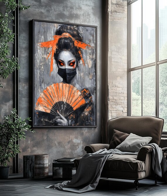 Masked Geisha Orange Fan Dark Gothic Japanese Beauty Art Poster