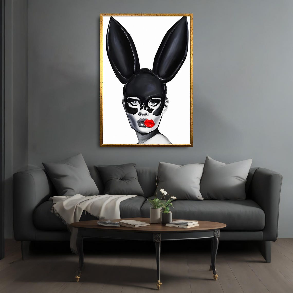 Bunny Mask Woman Black White Red Lips Chic Fashion Art Poster - Image 4