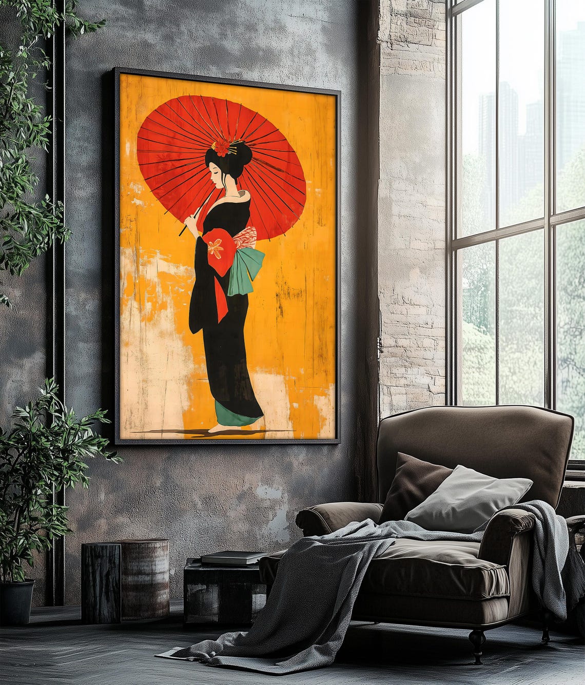 Elegant Geisha Red Parasol Golden Japanese Style Wall Poster
