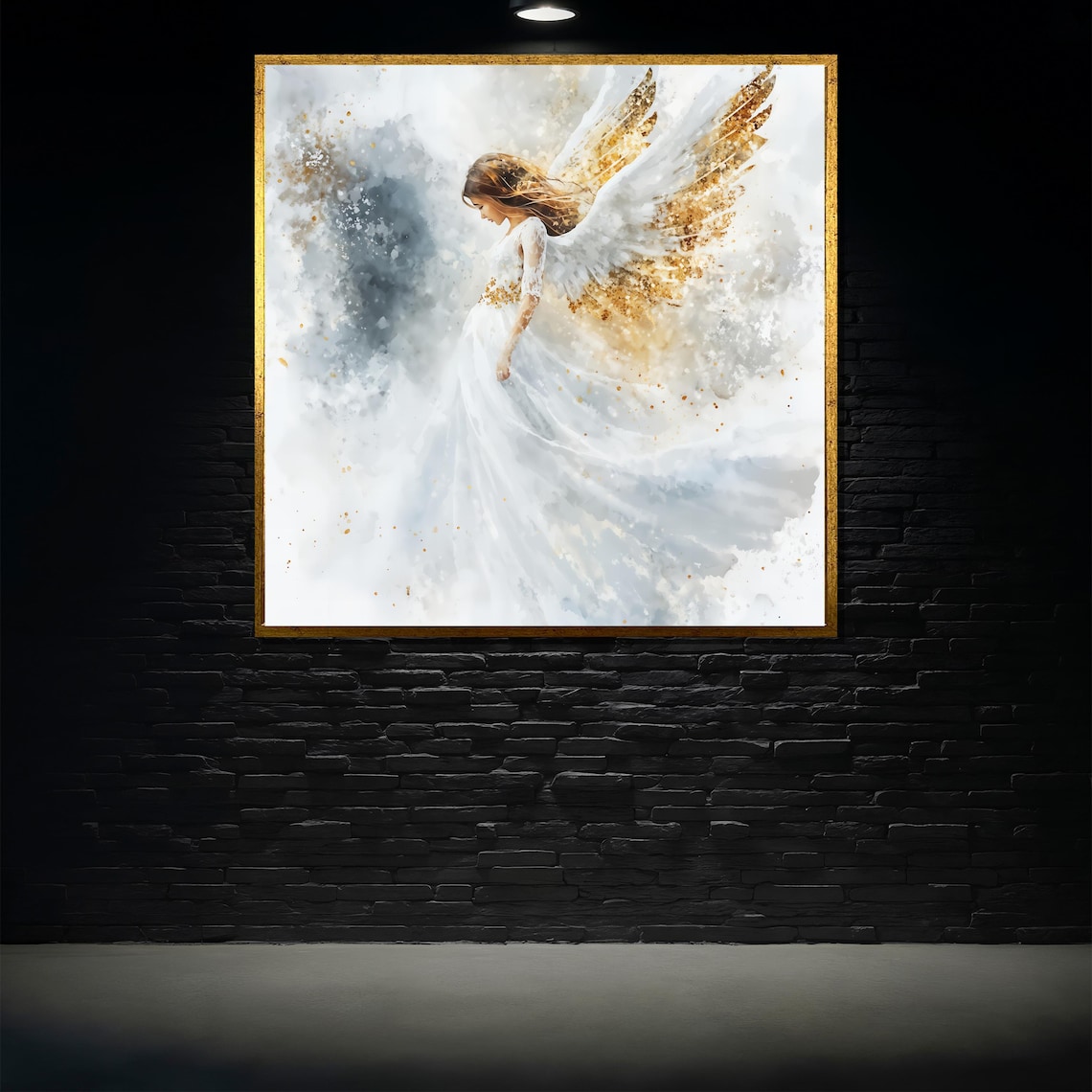 Elegant Guardian Angel White Gold Wings Ethereal Watercolor Art Poster