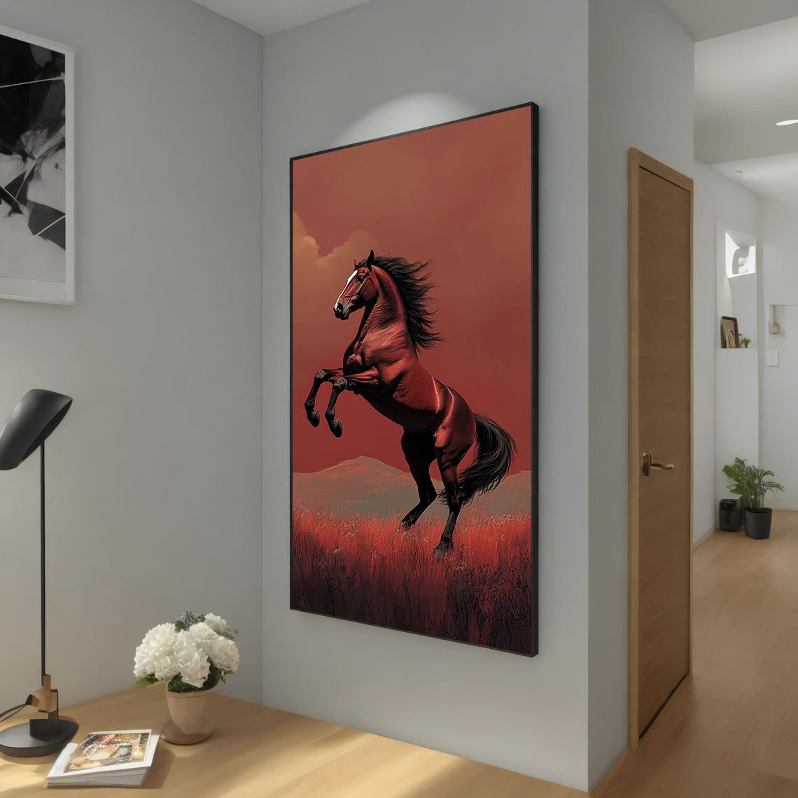 Rearing Chestnut Horse at Red Sunset Dramatic Equine Art Poster