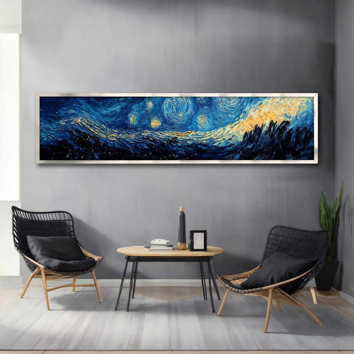 Starry Night Swirling Blue Gold Panoramic Impressionist Art Poster - Image 4
