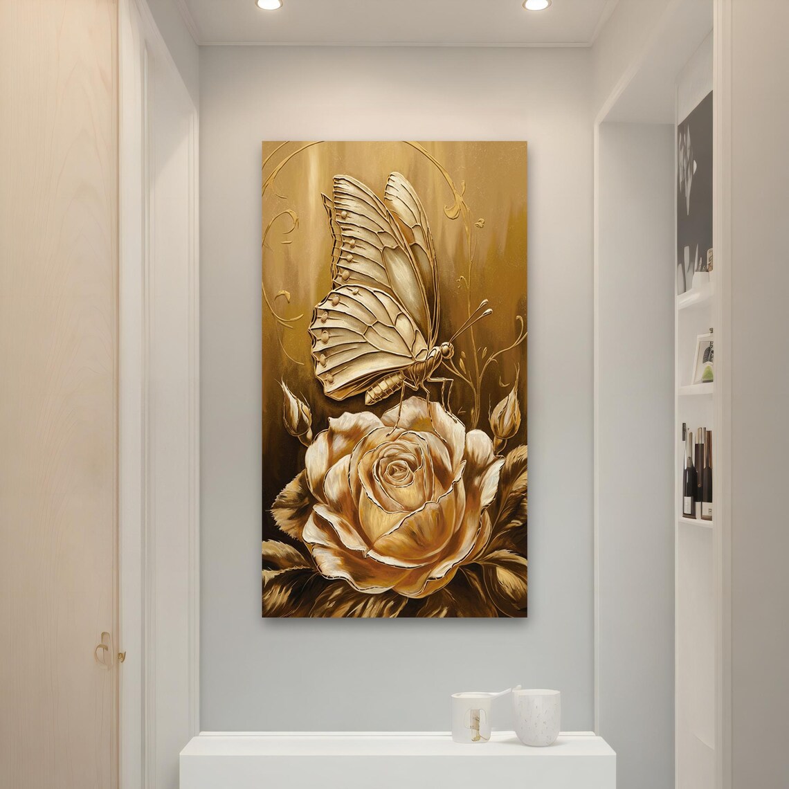 Golden Butterfly on Golden Rose Metallic Luxury Nature Art Poster - Image 4