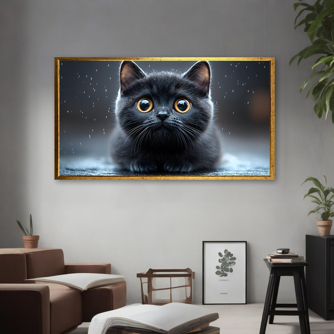 Black Kitten Amber Eyes Rain Moody Close-Up Animal Portrait Poster - Image 4