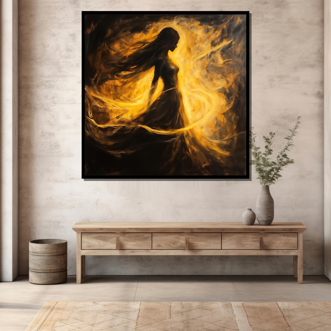 Mystical Woman in Golden Flames Dark Fantasy Abstract Silhouette Poster - Image 3