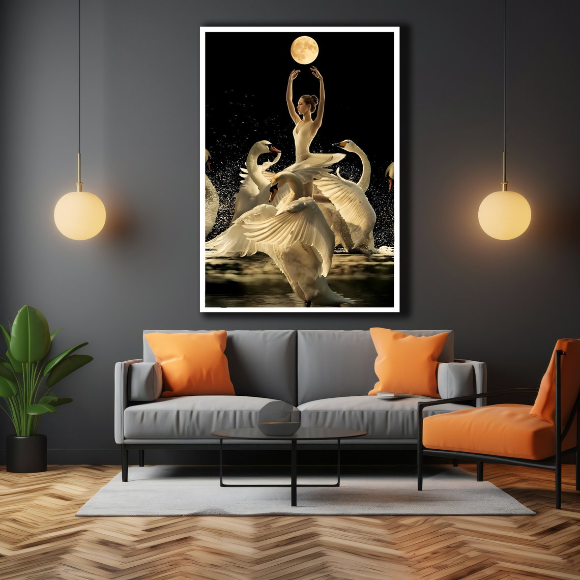 Ballerina Dancing With White Swans Under Full Moon Night Art Poster - Image 3
