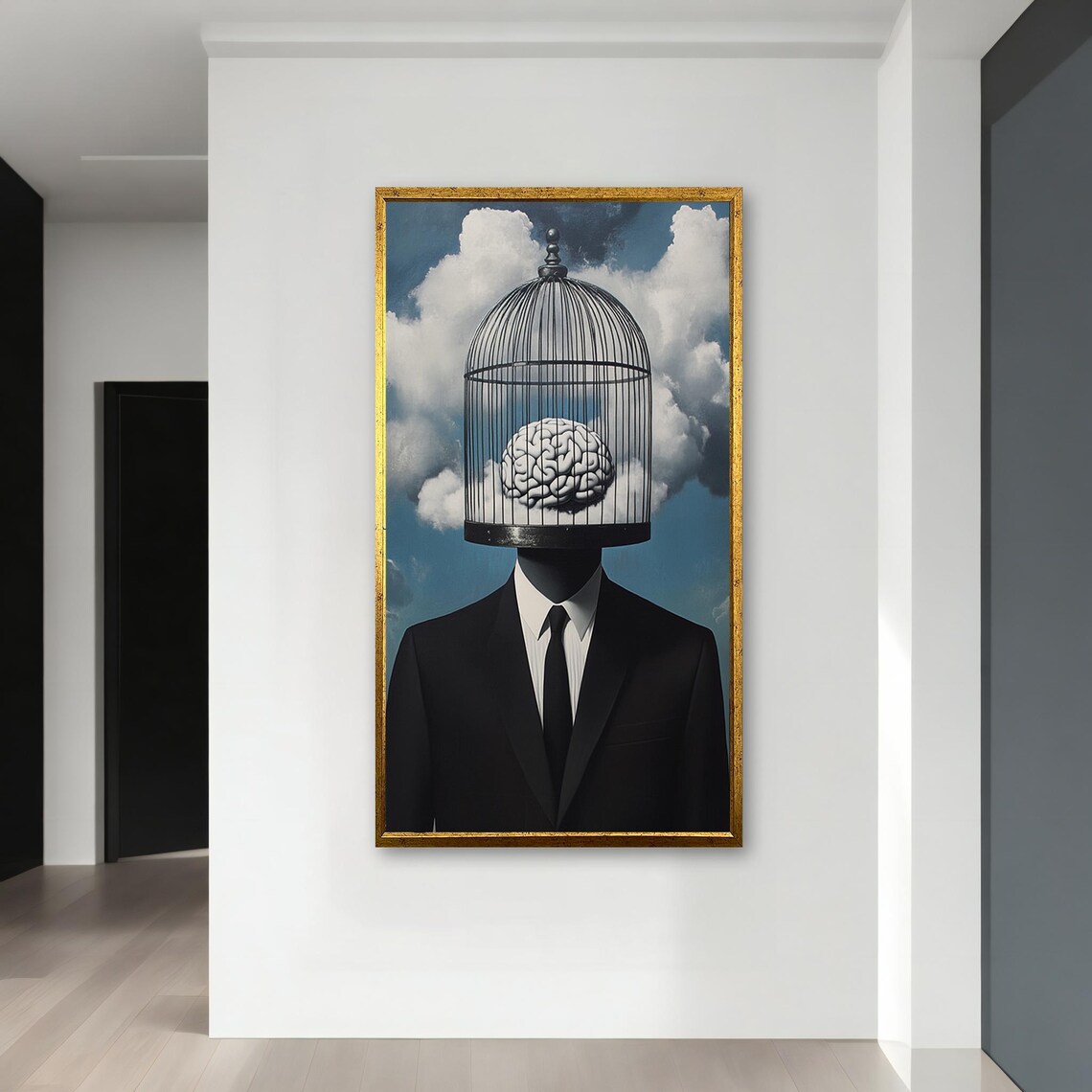 Surreal Brain In Cage Painting Thought Provoking Wall Decor Modern Surrealism Wall Art Unique Abstract Artwork Gift Idea - Image 4