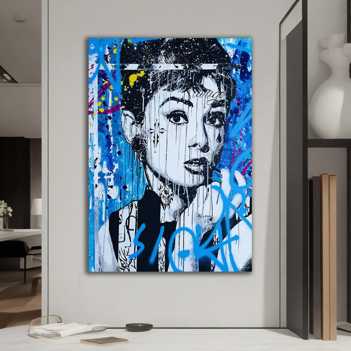 Audrey Hepburn Graffiti Street Art Blue Urban Portrait Wall Art - Image 4