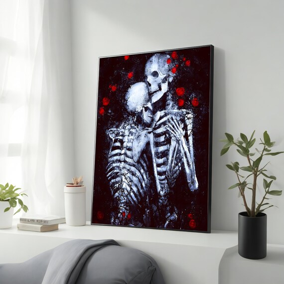 Skeleton Lovers Embracing Among Red Roses Dark Gothic Romance Wall Art