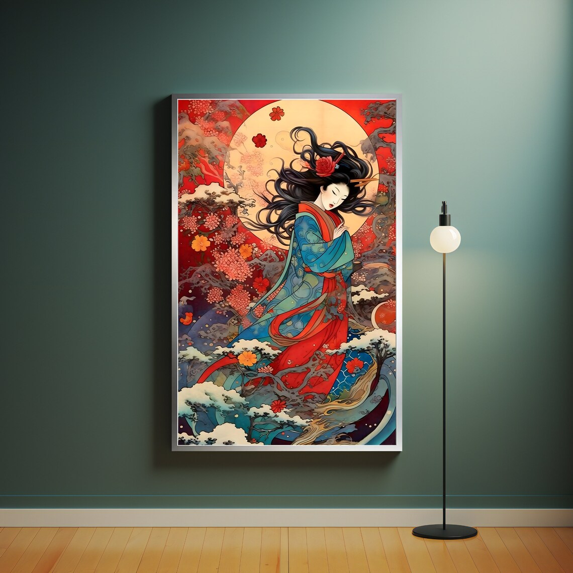 Japanese Woman in Blue Kimono Red Moon Cherry Blossom Wave Art Poster - Image 4