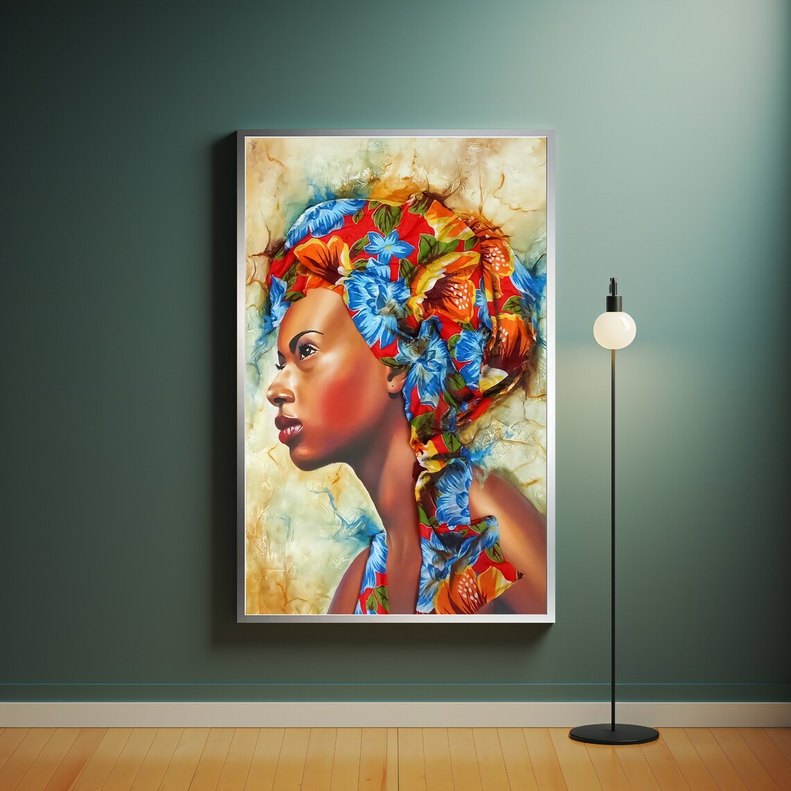African Woman in Colorful Floral Headwrap Profile Portrait Wall Art - Image 4