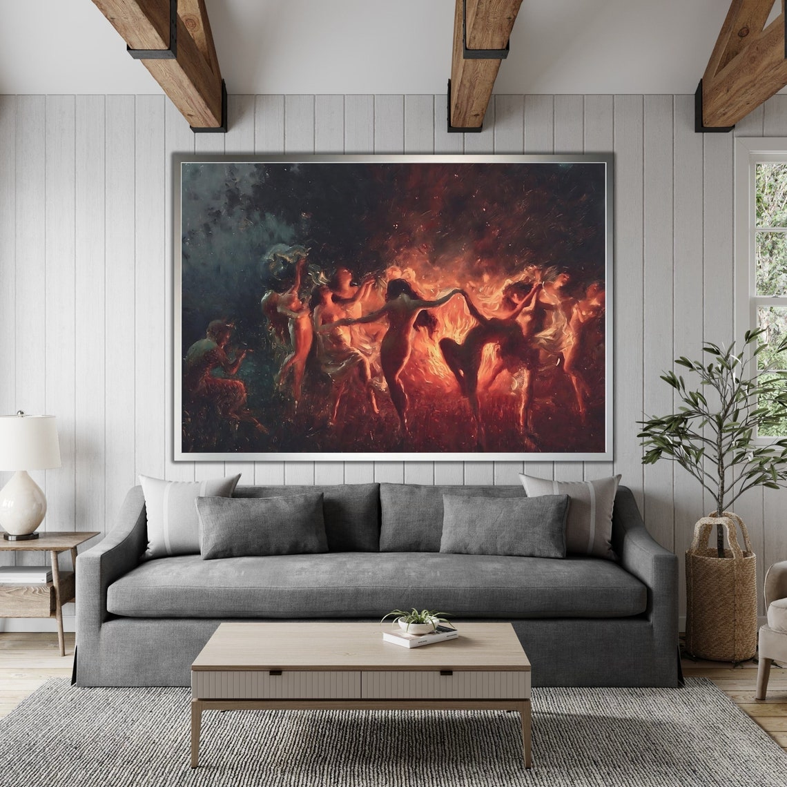 Witches Dancing Around Bonfire Night Classical Fire Dance Art Poster - Image 3