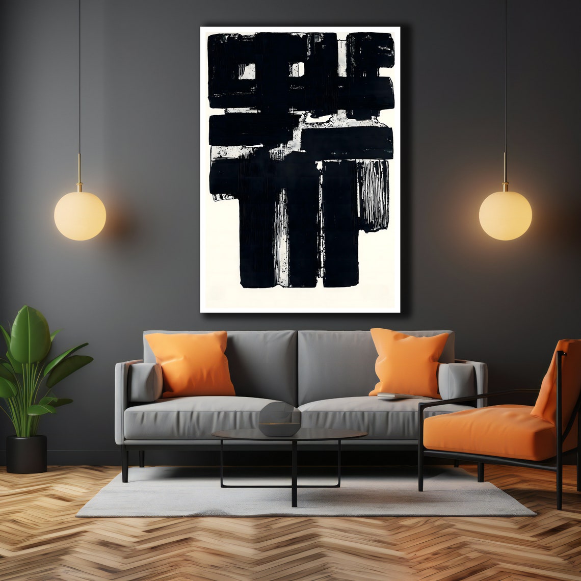 Black Abstract Brushstroke Blocks Cream Canvas Minimalist Art Poster - Image 3