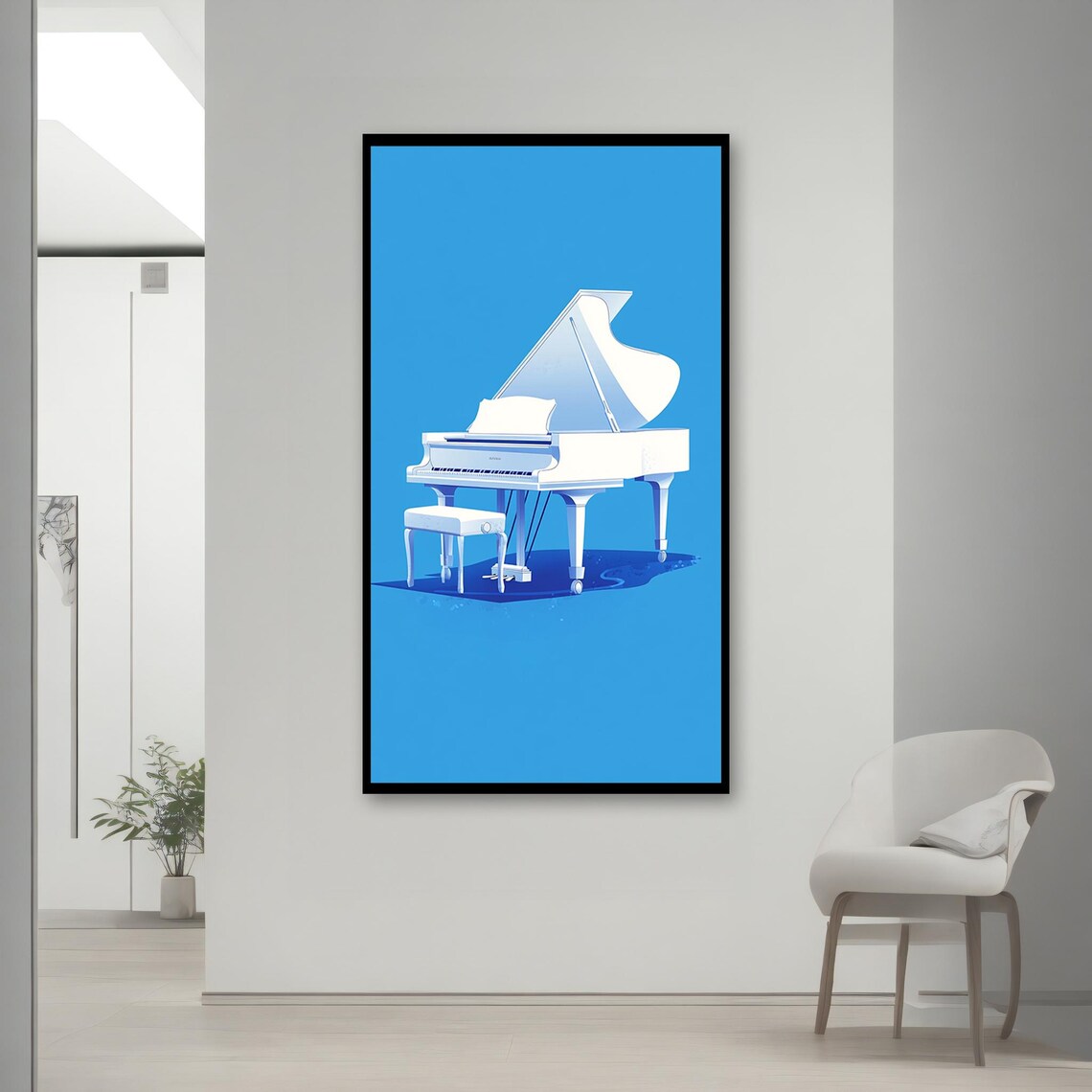 Minimalist White Grand Piano Bold Blue Background Modern Music Room Decor Poster - Image 2
