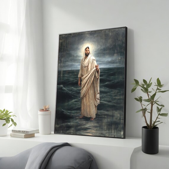 Jesus Walking on Stormy Waters Dramatic Christian Painting Faith Wall Poster