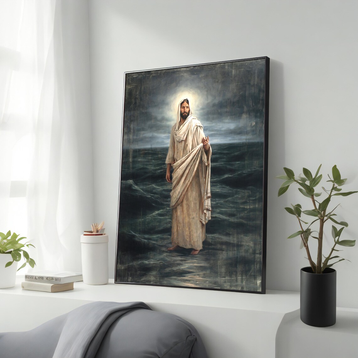 Jesus Walking on Stormy Waters Dramatic Christian Painting Faith Wall Poster
