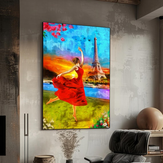 Elegant Print Dancing Woman In Red Dress Eiffel Tower Dancing Woman Art Colorful Wall Decor Artistic Home Accent Unique Gift