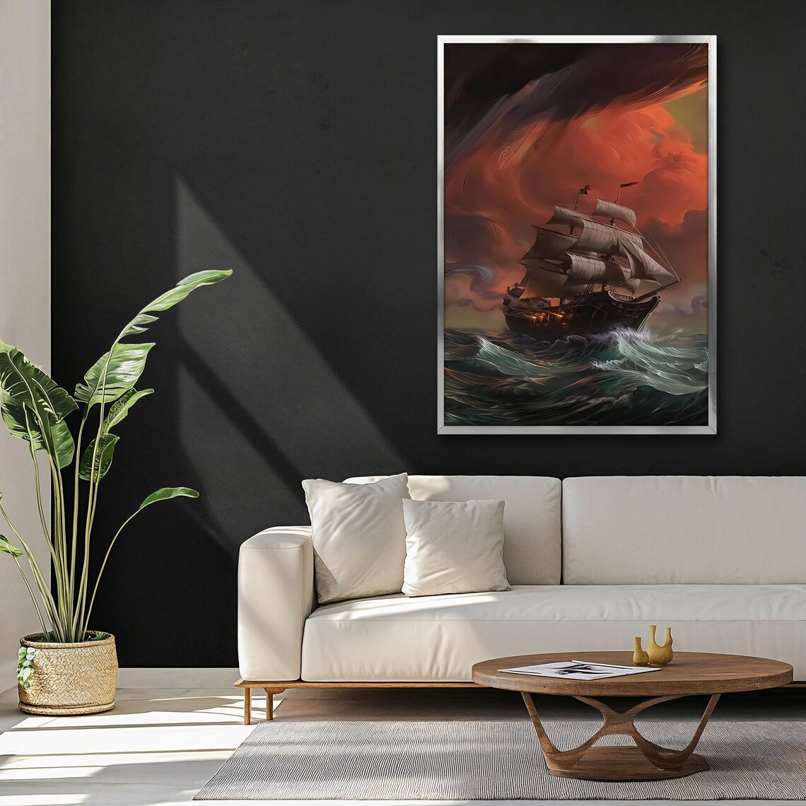 Pirate Ship Sailing Stormy Red Sunset Sea Nautical Fantasy Art Poster - Image 3