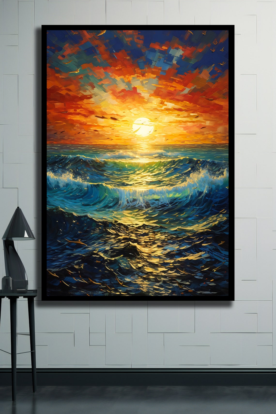 Ocean Sunset Impasto Painting Sun Over Rolling Blue Waves Poster - Image 2