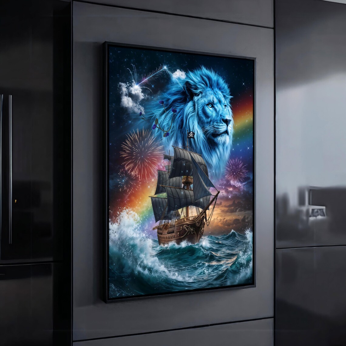 Majestic Blue Lion Fantasy Pirate Ship Fireworks Night Sky Wall Poster