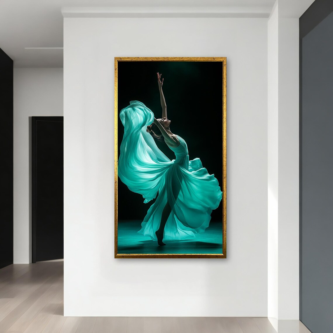 Ballet Dancer In Flowing Turquoise Dress Dramatic Dark Stage Elegant Poster - Image 4