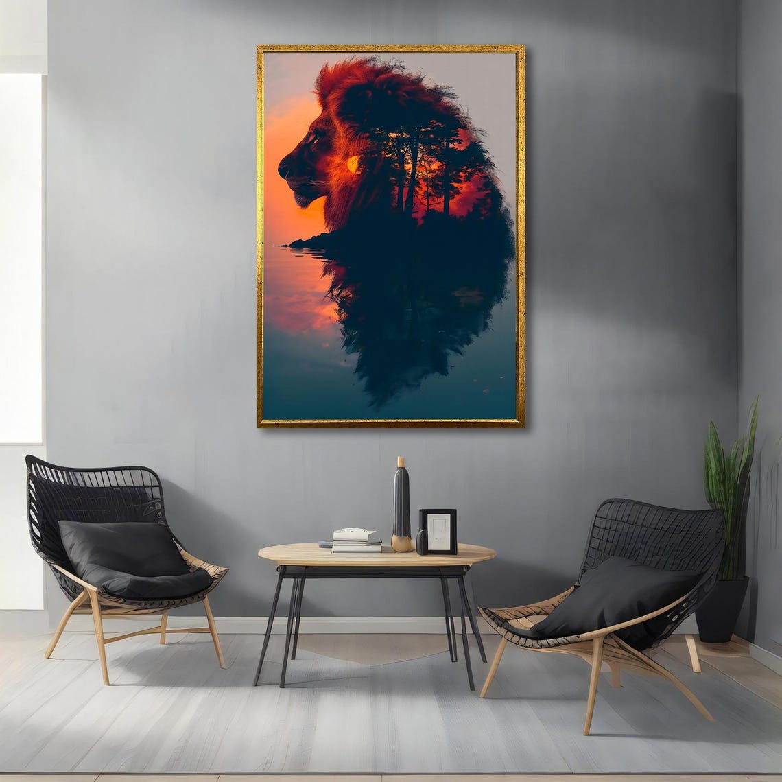 Lion Profile Sunset Forest Double Exposure Wildlife Art Poster - Image 4