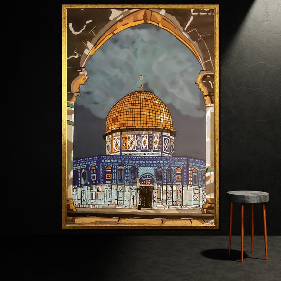 Jerusalem Dome Of The Rock Painting Islamic Wall Art Mosque Artwork With Arch Frame Religious Home Decor Unique Gift Idea